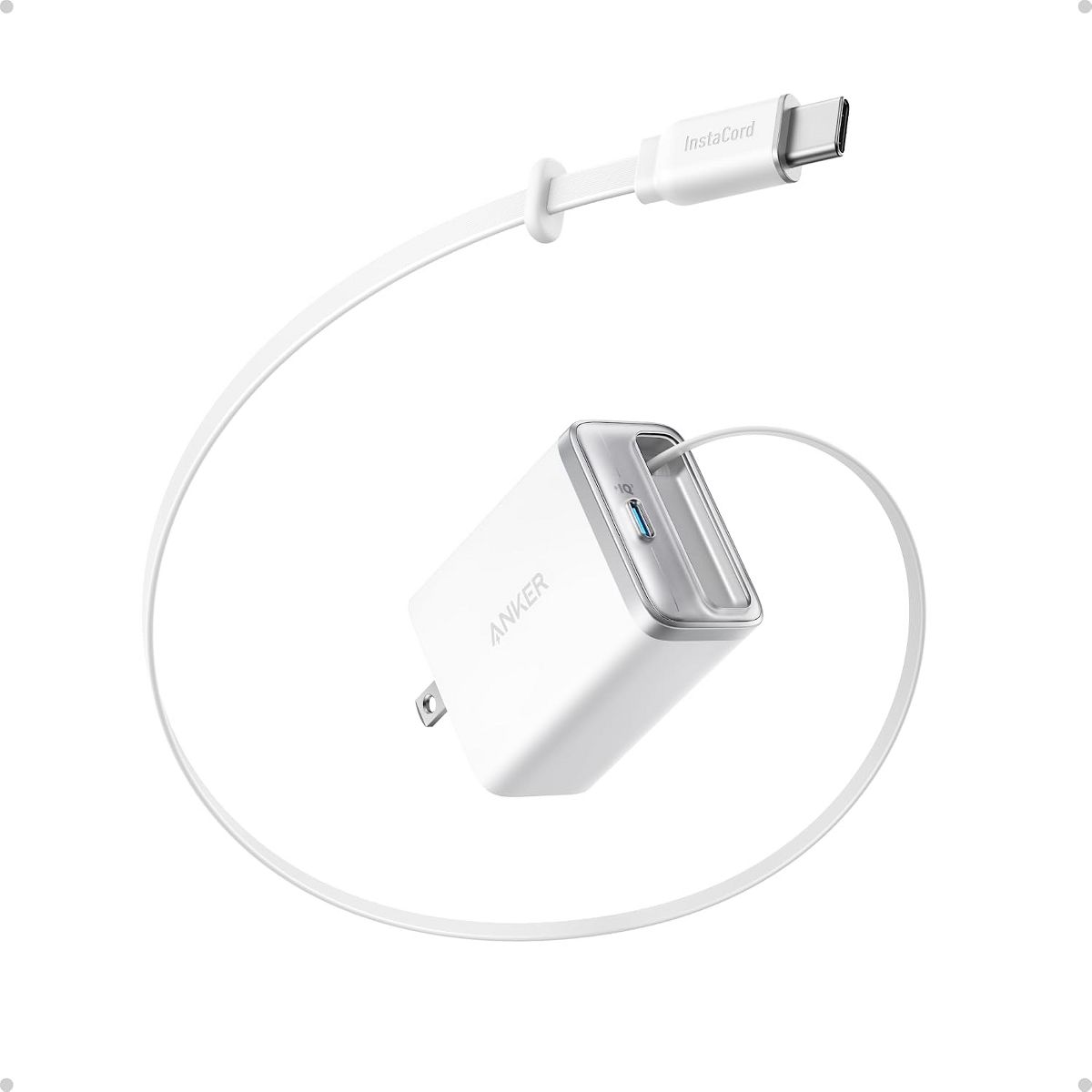 Anker Nano Retractable USB C Charger, Compact 35W 2-Port with Built-in InstaCord Retractable Cable, for iPhone 17/16/15, iPad (White, Non-Battery)