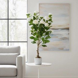 3.6FT Artificial Camellia Tree, Realistic Faux White Plants with 20 Bloomings, Sturdy White Pot, Faux Flowers Potted Plant Trees for Living Room - 1 of 4