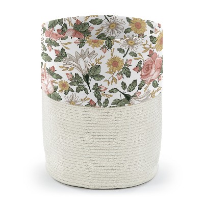 Image of Sweet Jojo Designs Woven Cotton Rope Laundry Hamper Decorative Storage Basket Vintage Floral Pink Green and Yellow