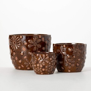 Sullivans 9", 7" & 5" Floral Embossed Brown Planters Set of 3, Clay - 1 of 3