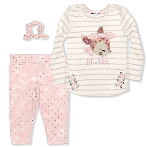 Nannette Girl's 3 Piece Striped and Dotted Graphic Printed Long Sleeve Shirt and Leggings with Hair Scrunchie Set, Be-You, White, Light Pink / Size 6X - 1 of 4