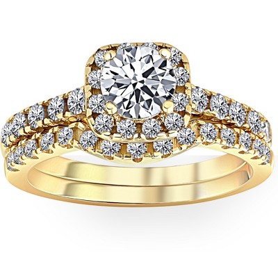 Pompeii3 1 1/4Ct Diamond Cushion Halo Engagement Wedding Ring Set 10k Yellow Gold