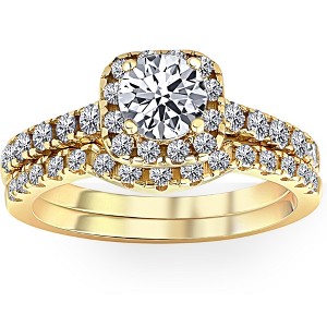 Pompeii3 1 1/4Ct Diamond Cushion Halo Engagement Wedding Ring Set 10k Yellow Gold - 1 of 4