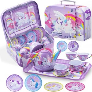 Joyfy Kid Tea Set, Unicorn Tea Party Set for Girls, Princess Pretend Play Tin Teapot Set Kitchen Toy for Kids Toddlers 2 3 4 5 6 Years Old, Purple - 1 of 4