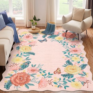 Vintage Floral Scalloped Area Rug Machine Washable Rug Stain Resistant Easy Cleaning Carpet Non Slip Soft Low Pile Folding Floor Cover For Home - 1 of 4