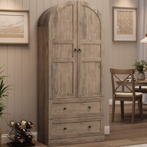 72" Tall Kitchen Storage Pantry Cabinets with 4 Glass Doors & 2 Drawers, Arched Wood Display Cupboard for Kitchen, Dining, Living Room - 1 of 4