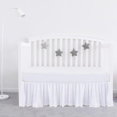 Biloban Crib Skirt - Dust Ruffle with Lovely Pompoms, 14" Drop, White (for Standard Crib/ Toddler Bed)