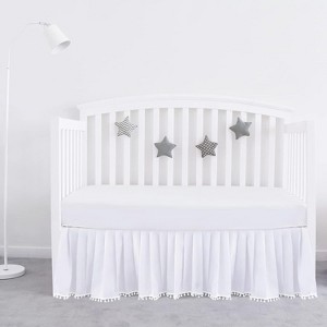 Biloban Crib Skirt - Dust Ruffle with Lovely Pompoms, 14" Drop, White (for Standard Crib/ Toddler Bed) - 1 of 4