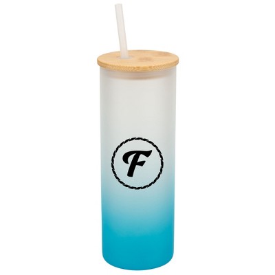 Elanze Designs F Monogram Letter Initial Rope Circle Wrap-Around Design 25 Ounce Frosted Gradient Glass On-The-Go Coffee Travel Skinny Tumbler Mug