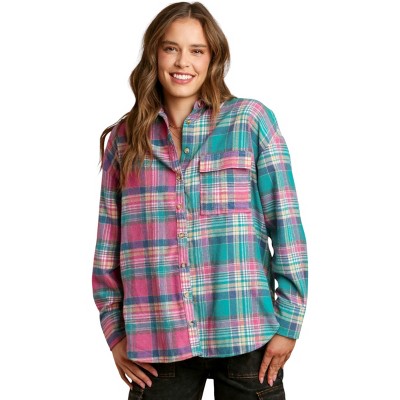 Slickblue Women's Mixed Plaid Boxy Cut Flannel, Button Down Shirt with Pocket, Pink Green/Coral Taupe, Size S-L