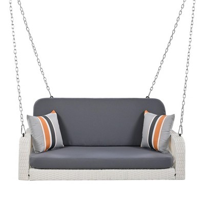 NAYSAYE Patio Swing PE Wicker 2 Seater Porch Swing with Cushions and Chains for Backyard Relaxation, Grey and White, 23.03"*21.25"*35"