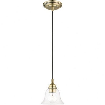 Transitional Hand-Blown Clear Glass Pendant in Antique Brass