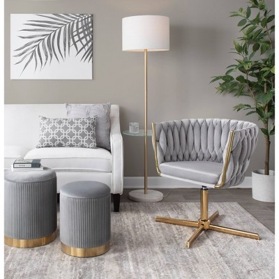 Silver Velvet and Gold Metal Swivel Accent Chair