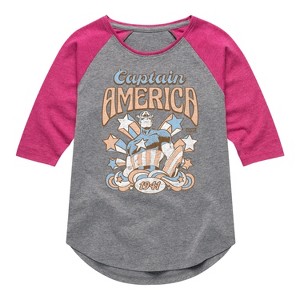 Girls' - Marvel - Captain America Retro Stars and Stripes Shirt Tail Raglan Graphic T-shirt - 1 of 3