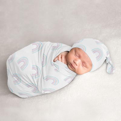 Image of Sweet Jojo Designs Girl Baby Cocoon and Beanie Hat Swaddle Wrap Rainbow Turquoise, Purple, White and Pink 2pc