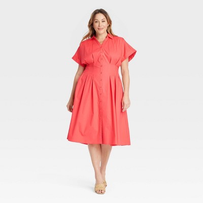 Women's Short Sleeve Pleated Midi Shirtdress - Ava & Viv™ Coral Red XXL