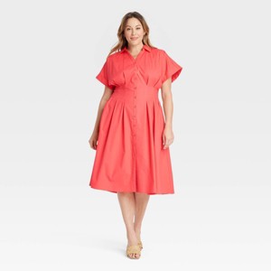 Women's Short Sleeve Pleated Midi Shirtdress - Ava & Viv™ - 1 of 3