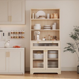 Pantry Cabinet with Glass Doors - 3-Tier Open Shelf, Drawer, Adjustable Shelves, Coffee Bar Table for Kitchen/Dining Room - 1 of 4