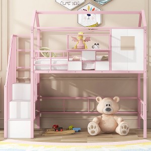 PAGED Twin Size Loft Bed House Design Modern Metal Bed Frame with Storage Stair and Guardrail for Bedroom - 1 of 4