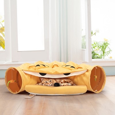 Sevobal Pet Tunnel Collapsible Cat Tunnel Bed for Indoor Cats, Washable Cat Hide Tunnel with Hanging Toys and Cushion Mat, Yellow, 50"*23.62"*10.5"