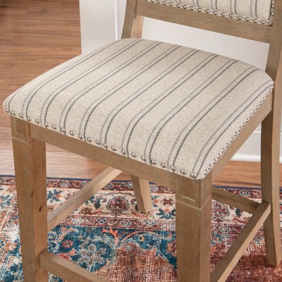 Emmy Rustic Wash 26" Gray Striped Upholstered Counter Stool with Nailhead Trim