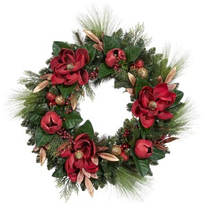 30-inch Artificial Holiday Pre-Lit LED Magnolia Wreath - 1 of 4