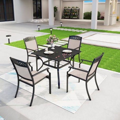 5pc Outdoor Dining Set With Sling Chairs Metal Square Table With