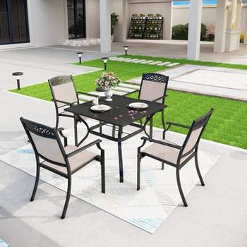 5pc Outdoor Dining Set with Sling Chairs & Metal Square Table with Umbrella Hole - Captiva Designs
