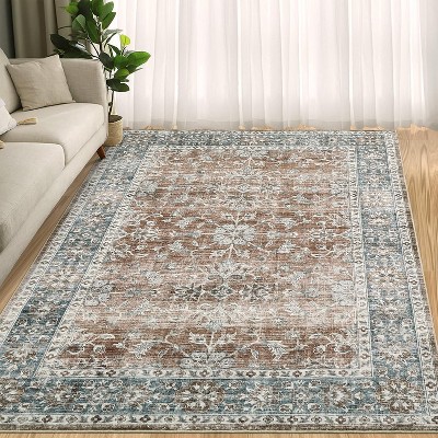 8' x 10'  Washable Vintage Rug - Distressed Floral Low Pile Non-Slip Carpet for Bedroom, Living Room - Khaki