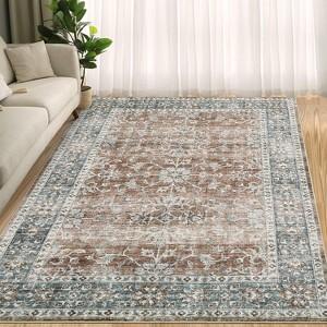 8' x 10'  Washable Vintage Rug - Distressed Floral Low Pile Non-Slip Carpet for Bedroom, Living Room - Khaki - 1 of 4