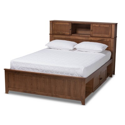 Queen Riko Wood Platform Storage Bed Walnut - Baxton Studio: Rubberwood Frame, No Box Spring Needed