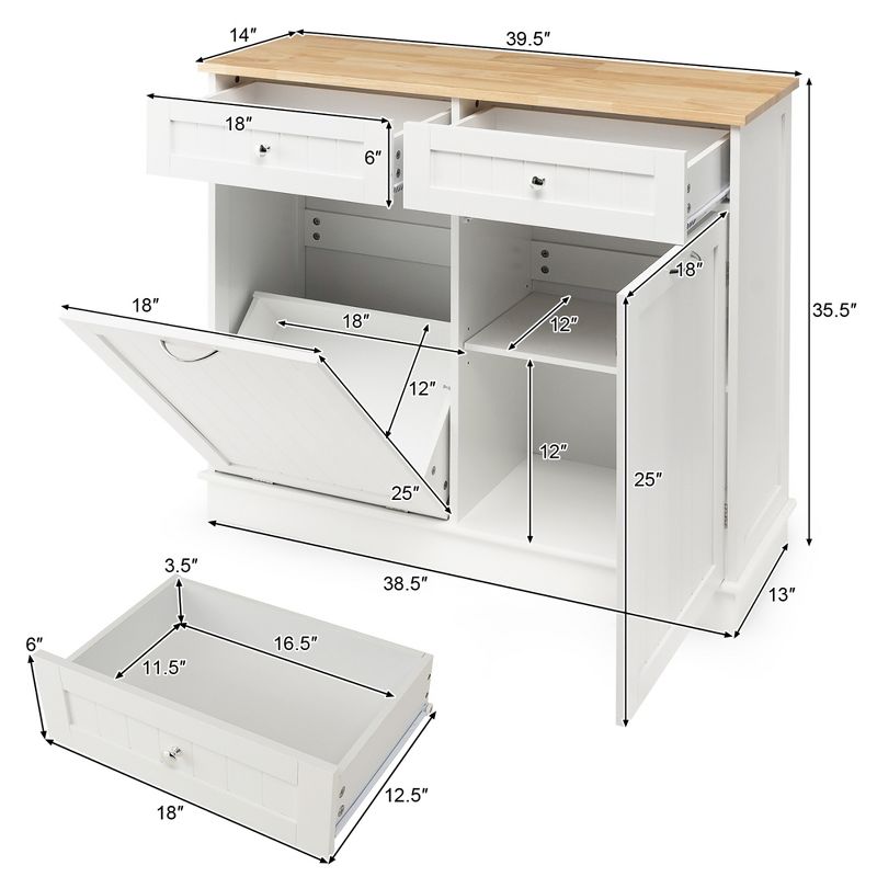 Costway Wooden Kitchen Trash Cabinet Tilt Out Bin Holder w/ Drawer & Storage Shelf, 4 of 11