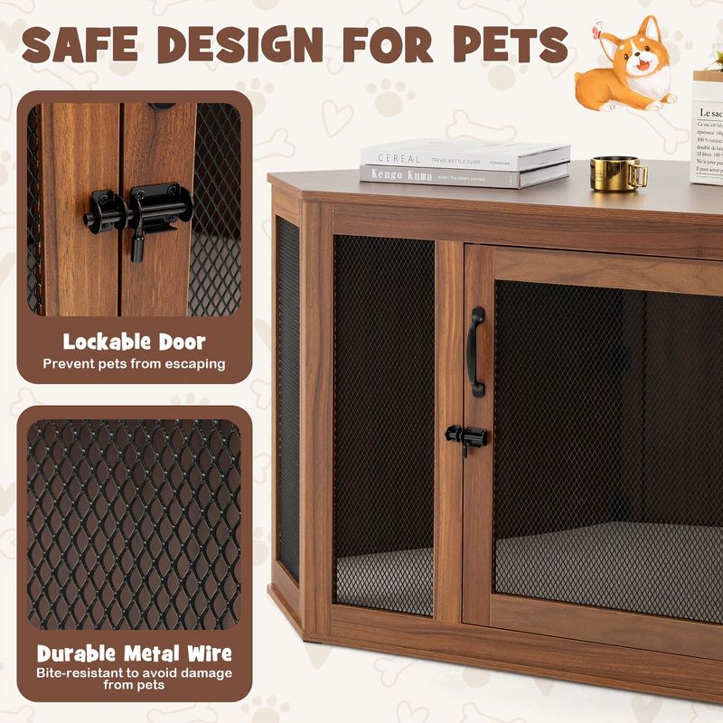 Tangkula Wooden Corner Dog Crate Furniture Pet Kennel End Table Cage w/ Door & Mesh, 5 of 11