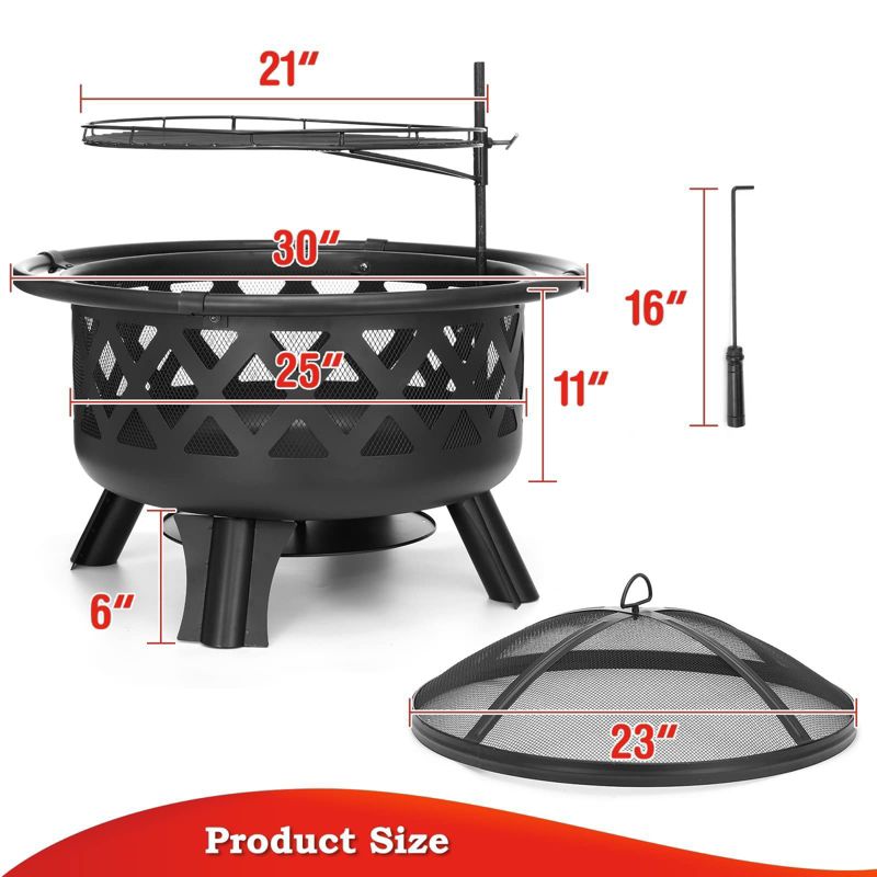 SINGLYFIRE 30 Inch Fire Pit with Rotatable & Liftable BBQ Grill Round Outdoor Camping, 5 of 9