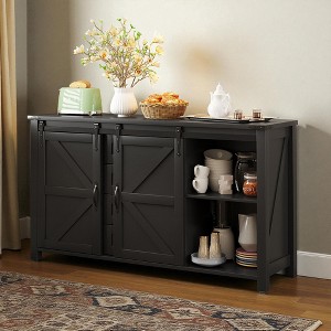 Mshliw 55.1" Farmhouse Sideboard with Sliding Barn Doors and 4 Drawers, Buffet Storage Cabinet with Power Outlet, Modern Rustic Console Table - 1 of 4