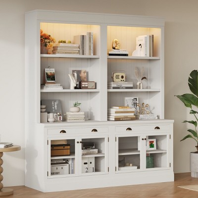 2-Piece Modern Console Bookshelf,Storage Bookcase with Glass Doors and Drawers,Living Room Solid Wood Open Shelves Bookshelf-Baofuwish