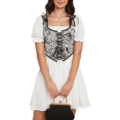 Acekool Women’s Vintage Floral Corset Lace-Up Vest, Vintage Pirate-Inspired Bustier with Embroidered Print