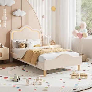 Twin Size Upholstered Bed Frame with Adjustable Headboard and Footboard, Velvet Princess Platform Bedframe for Kids/Girls, Wooden Slats Support - 1 of 4