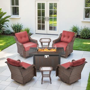 Buenhomino 7-Piece Small Patio Furniture Set, Outdoor Swivel Rocking Chairs Set with 50,000 BTU Fire Pit Table Wicker Chairs - 1 of 4