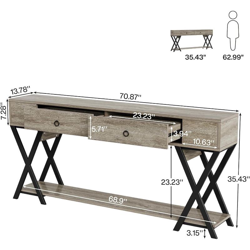 Tribesigns 71 Inch Console Table with 2 Drawers, Large Behind Couch Table, Industrial Hallway Table for Living Room, Entrance, 3 of 10