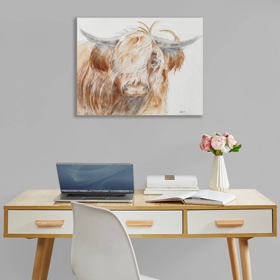 Hand Embellished Highland Bull Canvas Wall Art in Brown and White