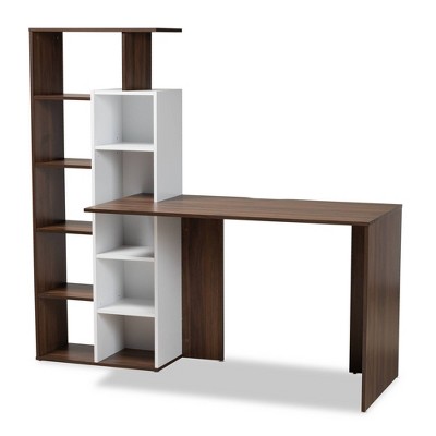 Rowan Two-Tone Wood Storage Computer Desk with Shelves White/Walnut - Baxton Studio