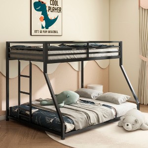 TiramisuBest Twin-over-Full Bunk Bed: Heavy-duty Sturdy Metal, Noise Reduced,Wooden Guardrail, Convenient for Three, No Box Spring, White - 1 of 4