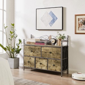 VECELO Wooden Top Dresser with 5 Drawers, Bedside/End Table for Living Room or Bedroom, Easy Pull Handle, Brown/Gray - 1 of 4