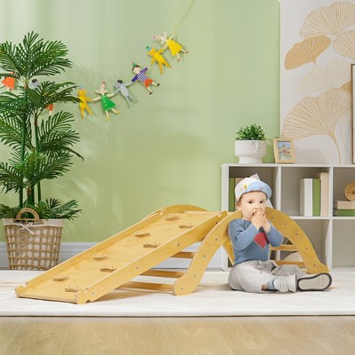 Natural Pinewood Indoor Toddler Climbing Set with Slide and Cushion
