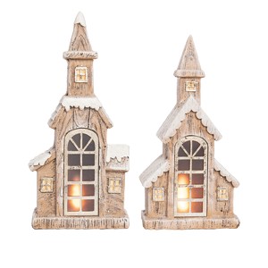Transpac Resin Light Up Snowy Steeple Set of 2 Christmas Home Decorations - 1 of 1