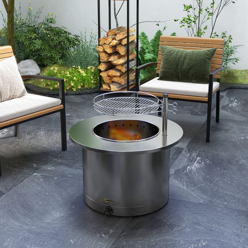 Outsunny 25" Smokeless Fire Pit, 2-in-1 Stainless Steel Firepit with Grill, Portable Wood Burning Fireplace with Poker and Ash Tray, 3 of 7