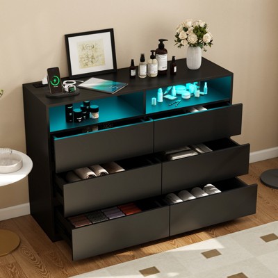 6 Drawer Dresser with LED Lights & Charging Station, Modern Chest of Drawers for Bedroom, Wide Wood Cabinet with Deep Storage
