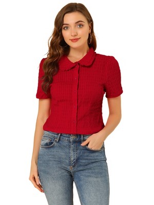 INSPIRE CHIC Women's Sweet Ruffle Trim Peter Pan Collar Button-Down Shirt