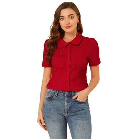 INSPIRE CHIC Women s Sweet Ruffle Trim Peter Pan Collar Button Down Shirt Red Small